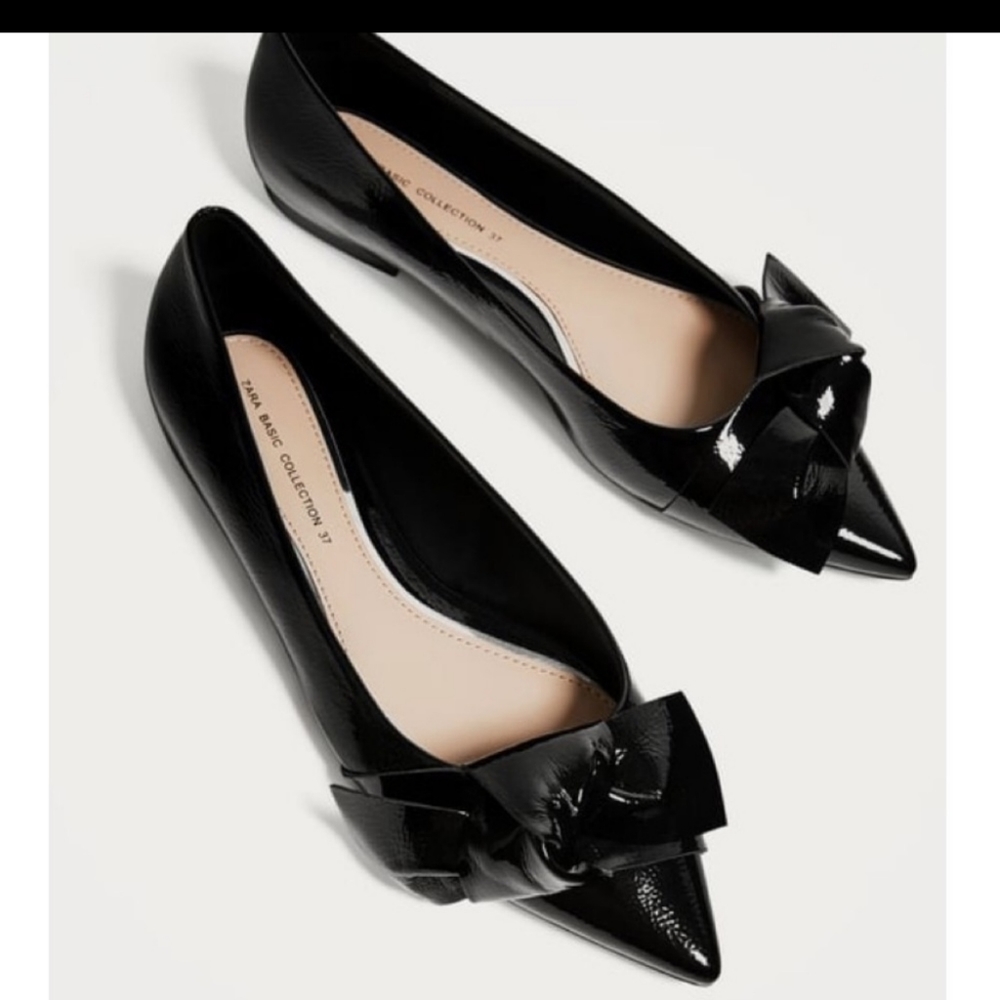 New Zara patent flat ballerina bow shoes